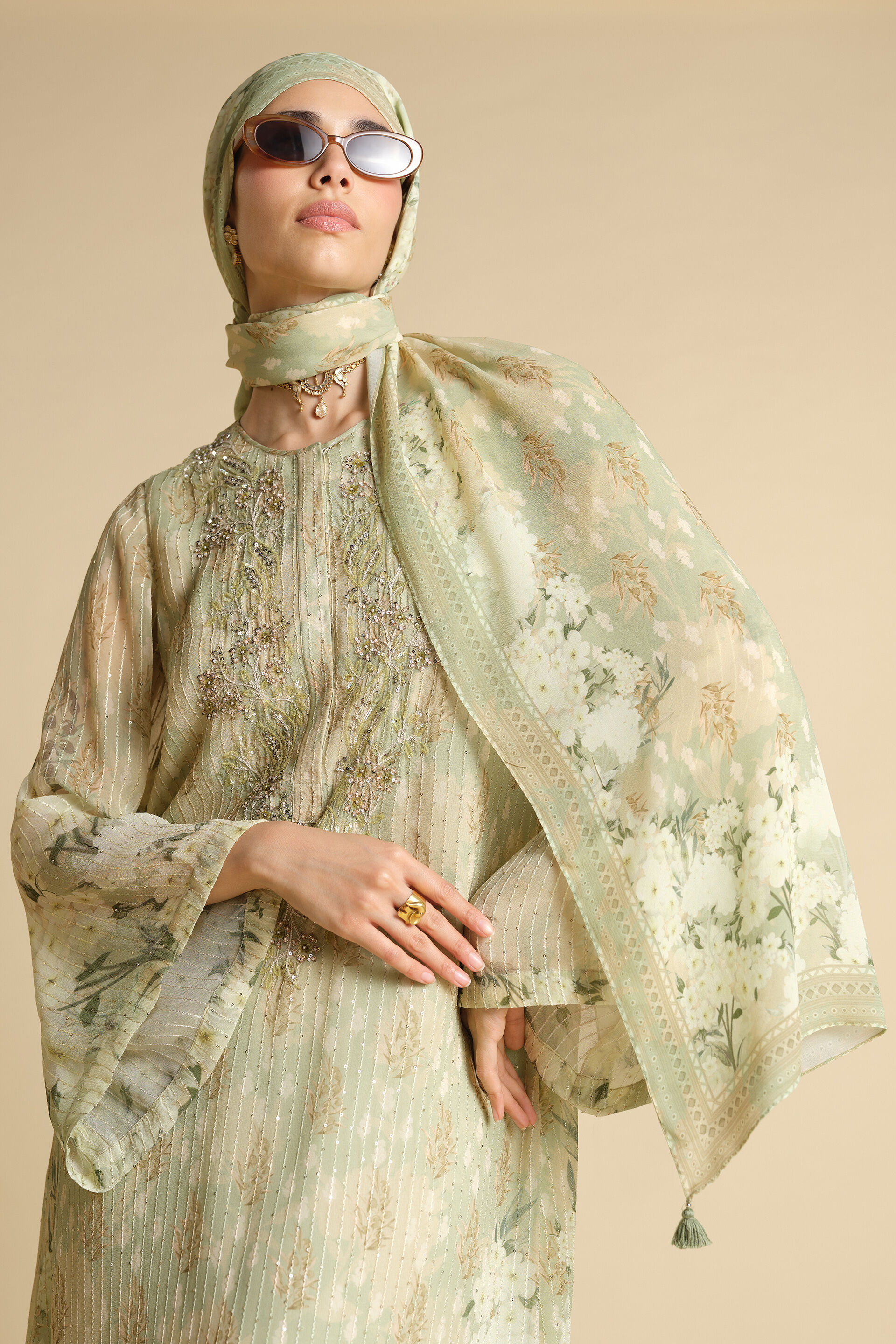 Suha Printed Stole - Sage